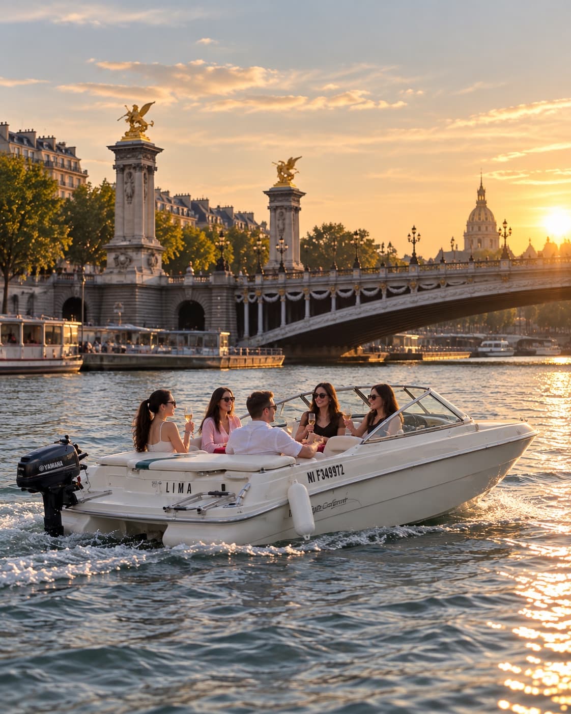 Guests aboard the private boat on the Seine at sunset